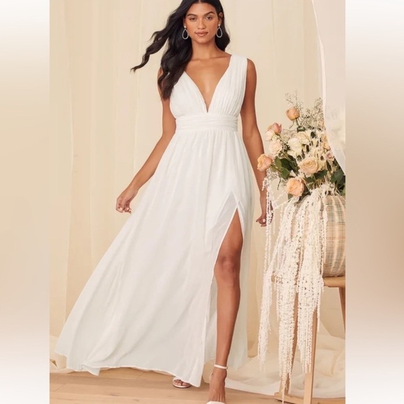 Lulus Dresses & Skirts - LuLu's Sleeveless Plunge Chiffon Heavenly Hue White Maxi Dress Sz XS